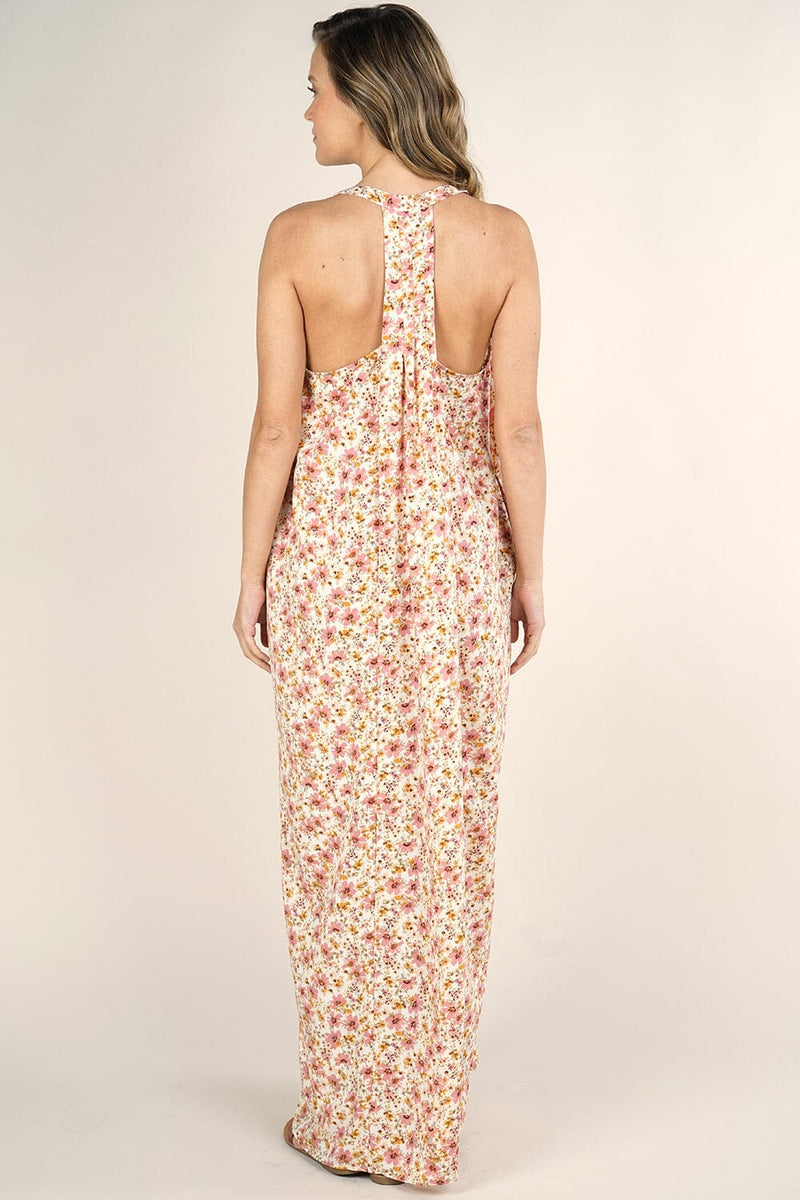 [Color: Cream/Blush] Lovestitch pink Floral printed, pleated racerback maxi dress with side pockets. 