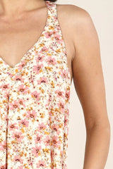 [Color: Cream/Blush] Lovestitch pink Floral printed, pleated racerback maxi dress with side pockets. 