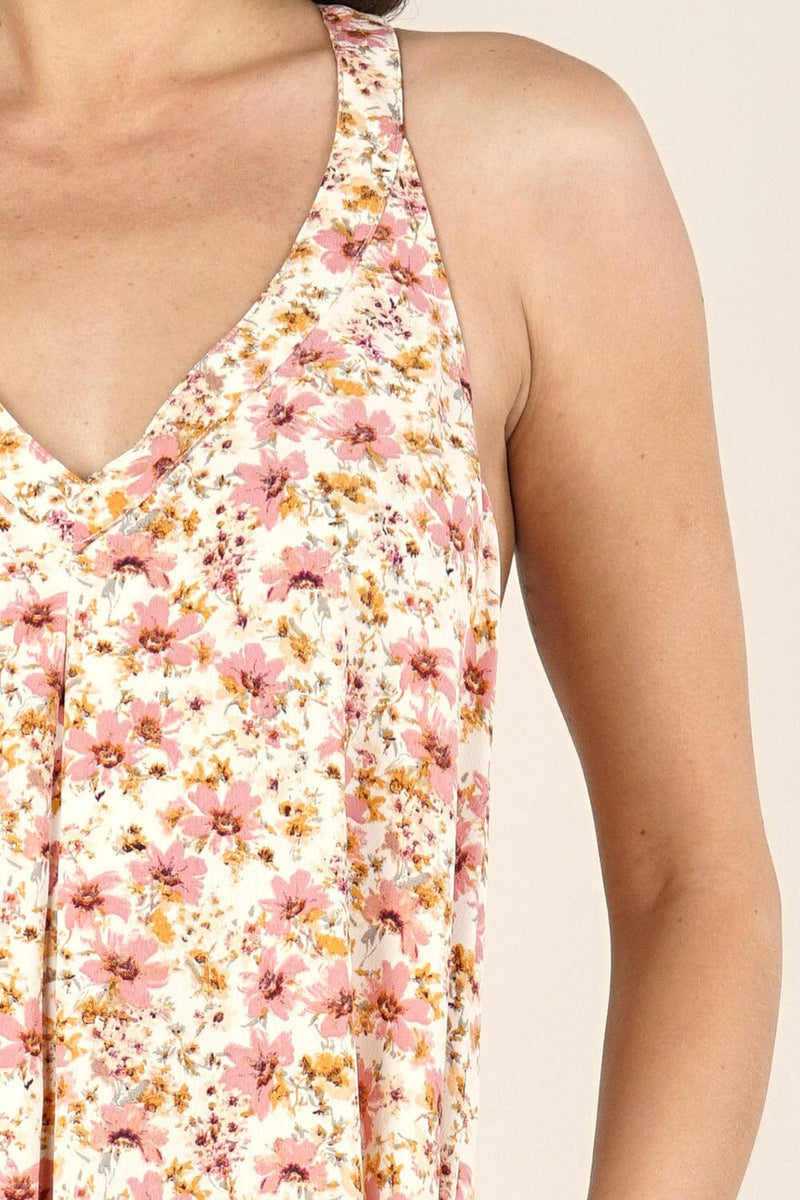 [Color: Cream/Blush] Lovestitch pink Floral printed, pleated racerback maxi dress with side pockets. 