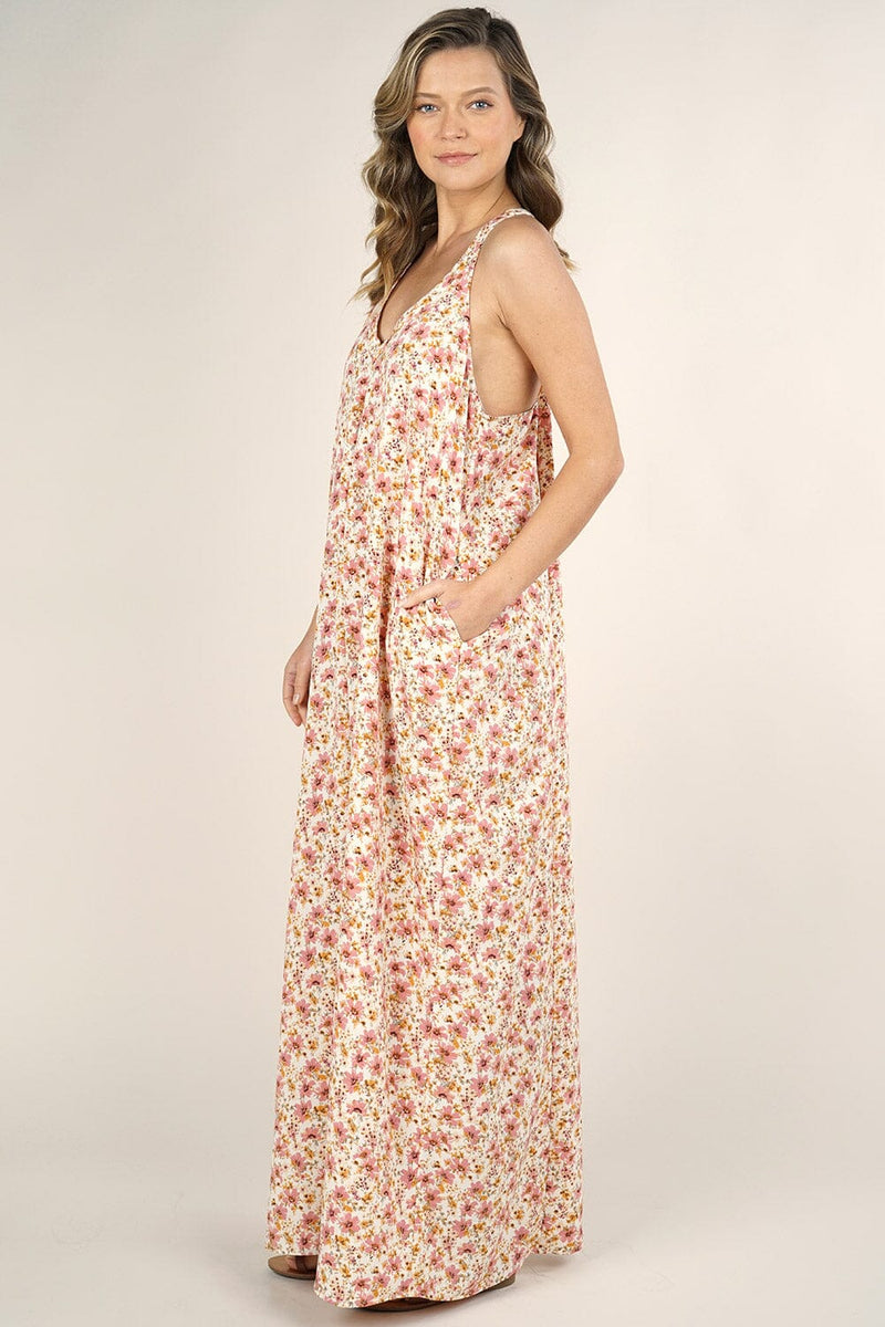 [Color: Cream/Blush] Lovestitch pink Floral printed, pleated racerback maxi dress with side pockets. 