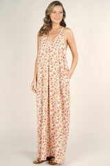 [Color: Cream/Blush] Lovestitch pink Floral printed, pleated racerback maxi dress with side pockets. 
