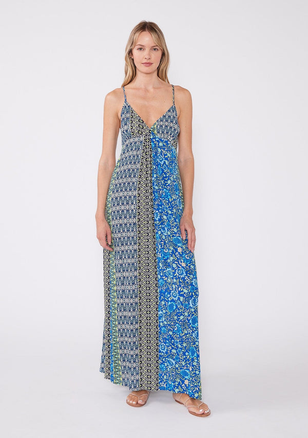 [Color: Blue/Lime] An ultra bohemian maxi dress with metallic pinstripe details. This blue, floral summer maxi dress features a v neckline, adjustable cross back straps, and an empire waistline. Perfect dress for vacation or casual outings.  