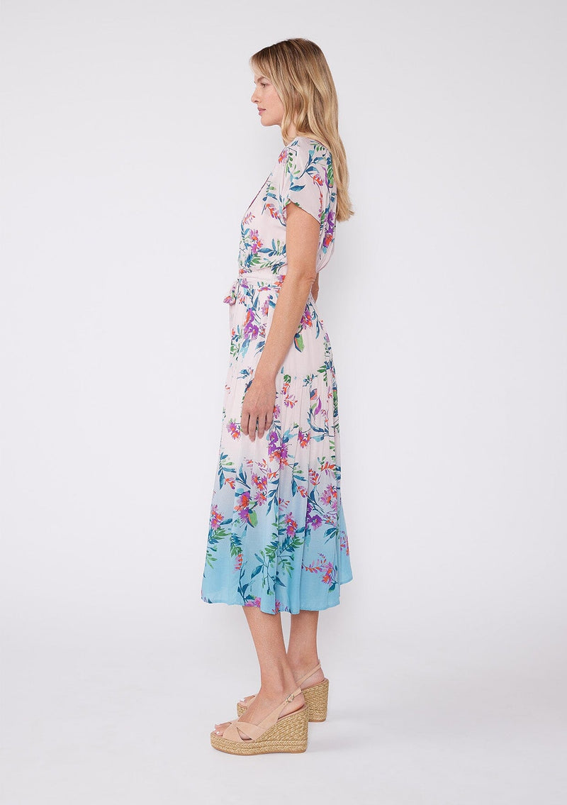 Women's Pink and Blue Floral Belted Midi Dress - LOVESTITCH Women's Pink and Blue Floral Belted Midi Dress - LOVESTITCH