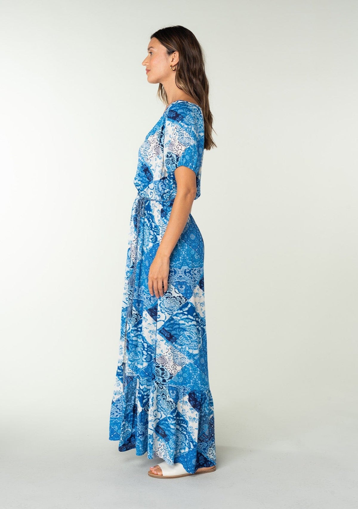 Women's Bohemian Blue Patchwork Floral Maxi Dress