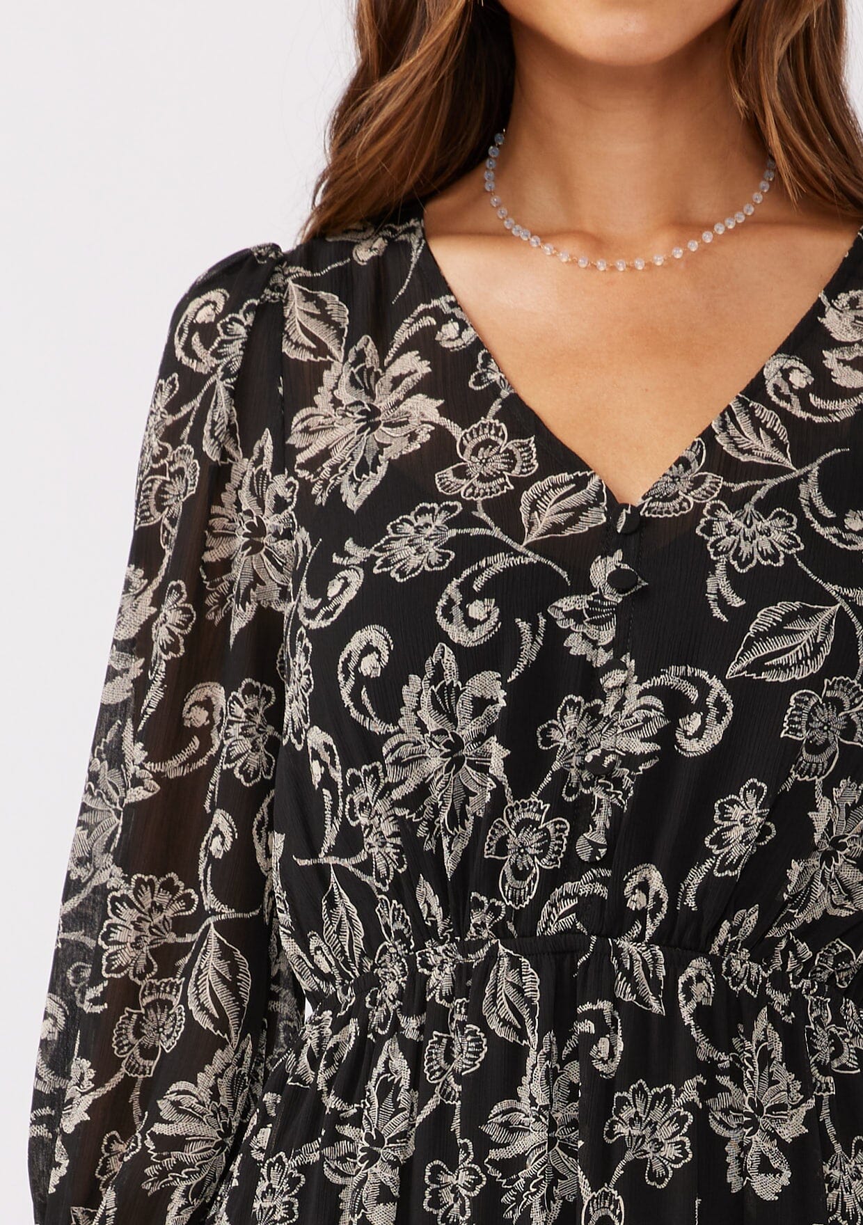 High Low Black Floral Mid-Length Long Sleeve Flowy Dress