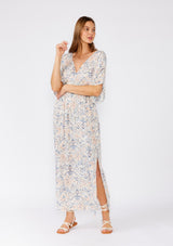 Lovestitch Short Sleeve Smocked Waist Maxi Dress in Cream/Dusty Blue at Nordstrom Rack, Size Small/medium