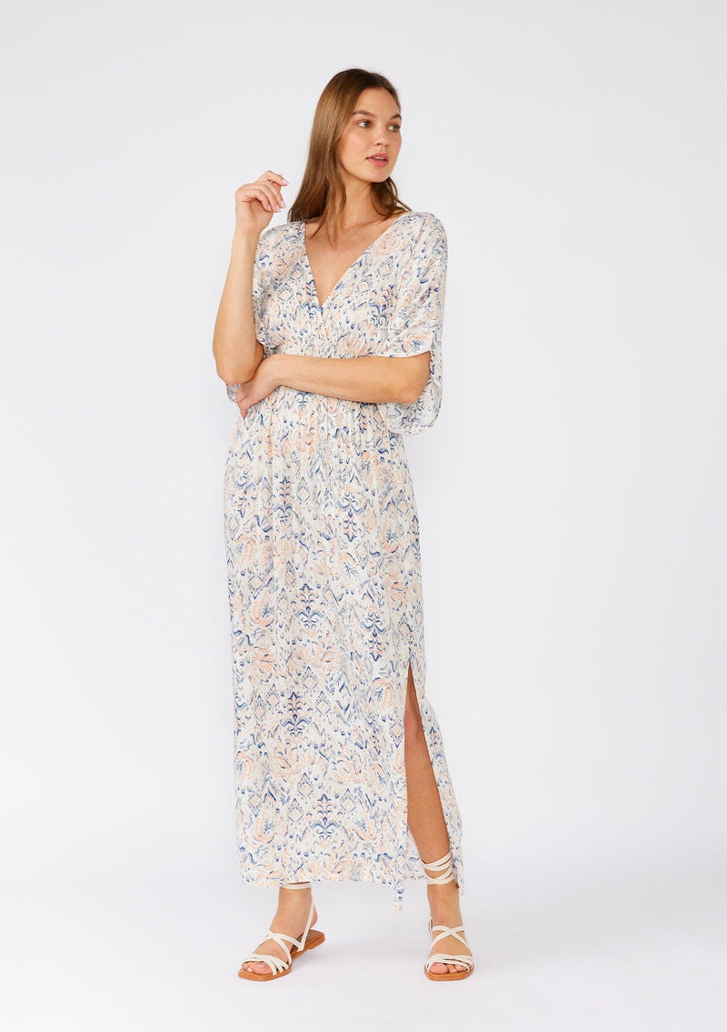 wish bohemian dress MEENA Women's Neck Tie Boho Maxi Dress Long Sleeve Floral Print Gown - Size S