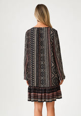 [Color: Black/Wine] Cute babydoll dress featuring long volume sleeves, black and taupe color and bohemian print design.
