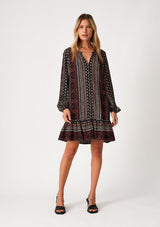 [Color: Black/Wine] Cute babydoll dress featuring long volume sleeves, black and taupe color and bohemian print design.