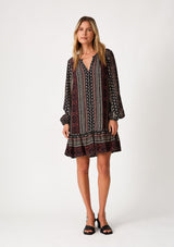 [Color: Black/Wine] Cute babydoll dress featuring long volume sleeves, black and taupe color and bohemian print design.
