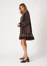 [Color: Black/Wine] Cute babydoll dress featuring long volume sleeves, black and taupe color and bohemian print design.