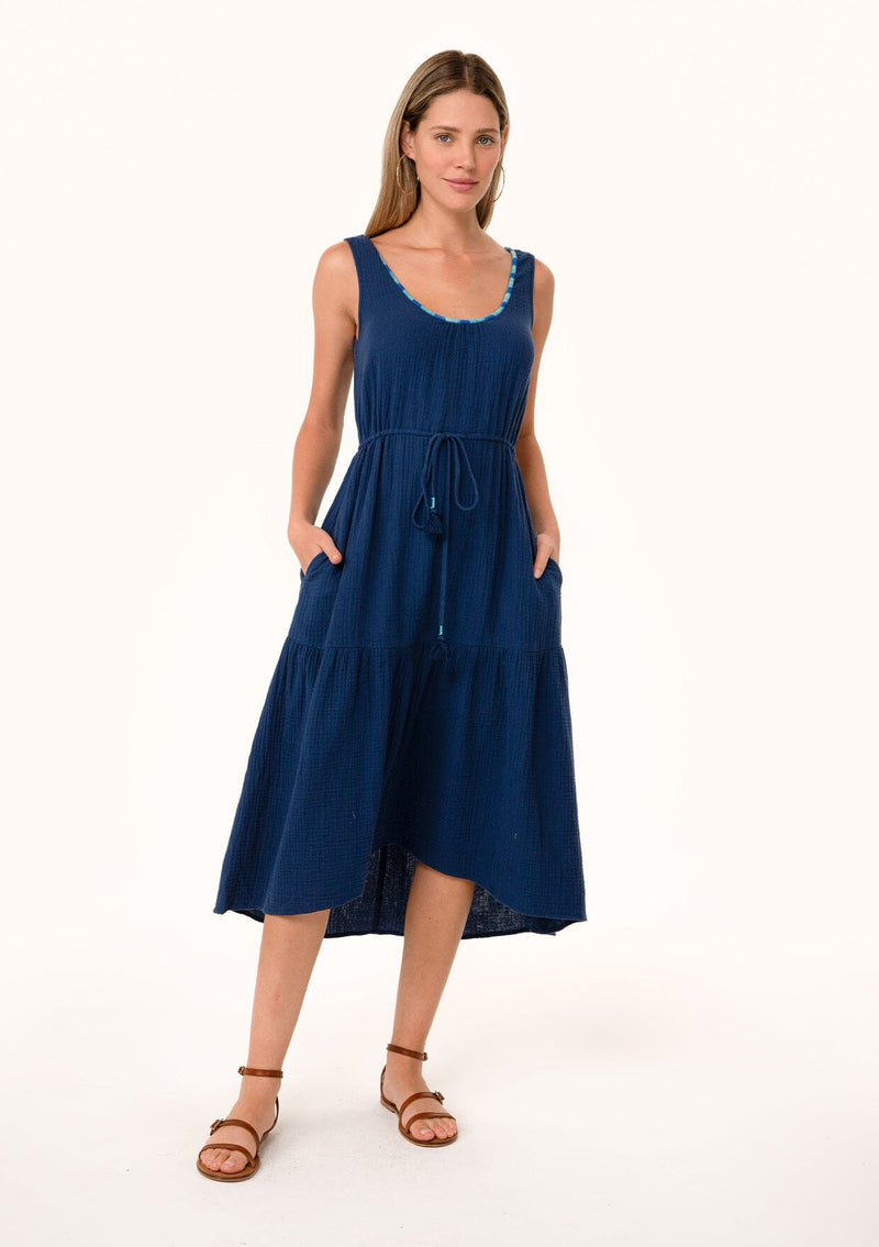 Women's Sleeveless Navy Blue Cotton Midi Dress | LOVESTITCH Women's Sleeveless Navy Blue Cotton Midi Dress | LOVESTITCH