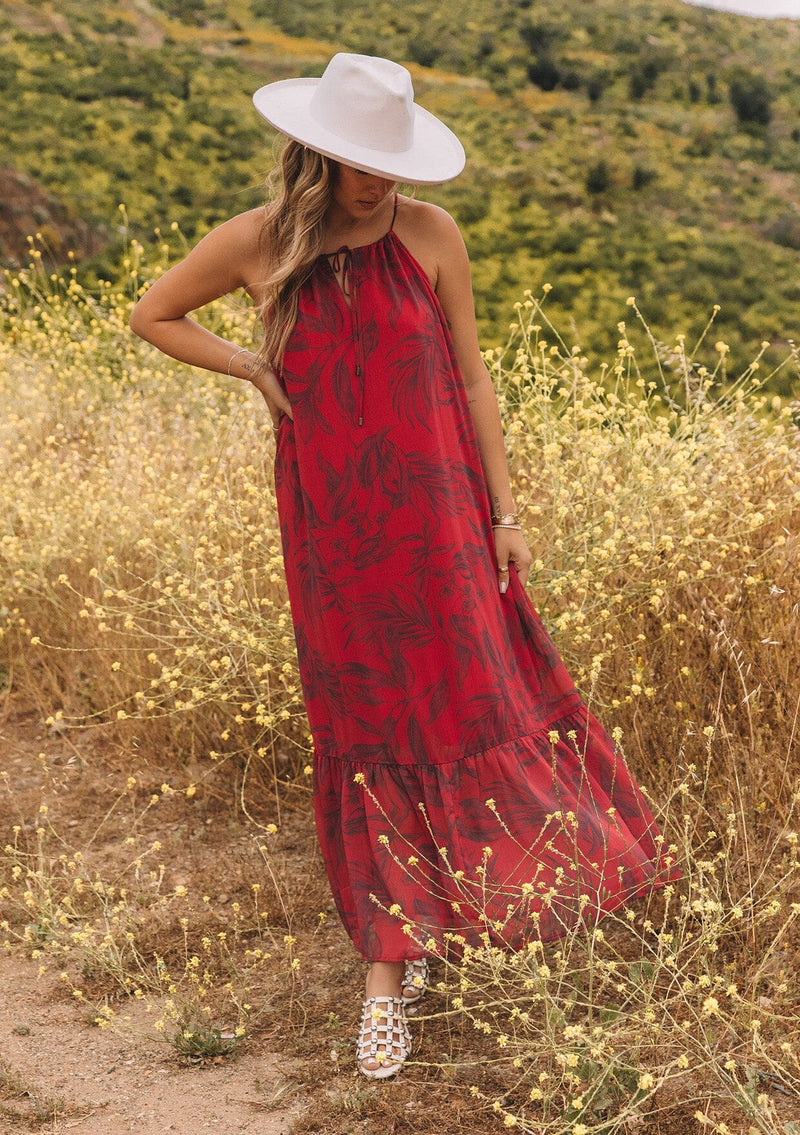 Women's Bohemian Red Floral Sleeveless Halter Maxi Dress | LOVESTITCH Women's Bohemian Red Floral Sleeveless Halter Maxi Dress | LOVESTITCH