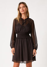[Color: Chocolate] A front facing image of a blonde model wearing a bohemian fall mini dress in a sheer dark brown chiffon. With long sleeves, a smocked elastic waist, a ruffled neckline, and a split v neckline with ties.
