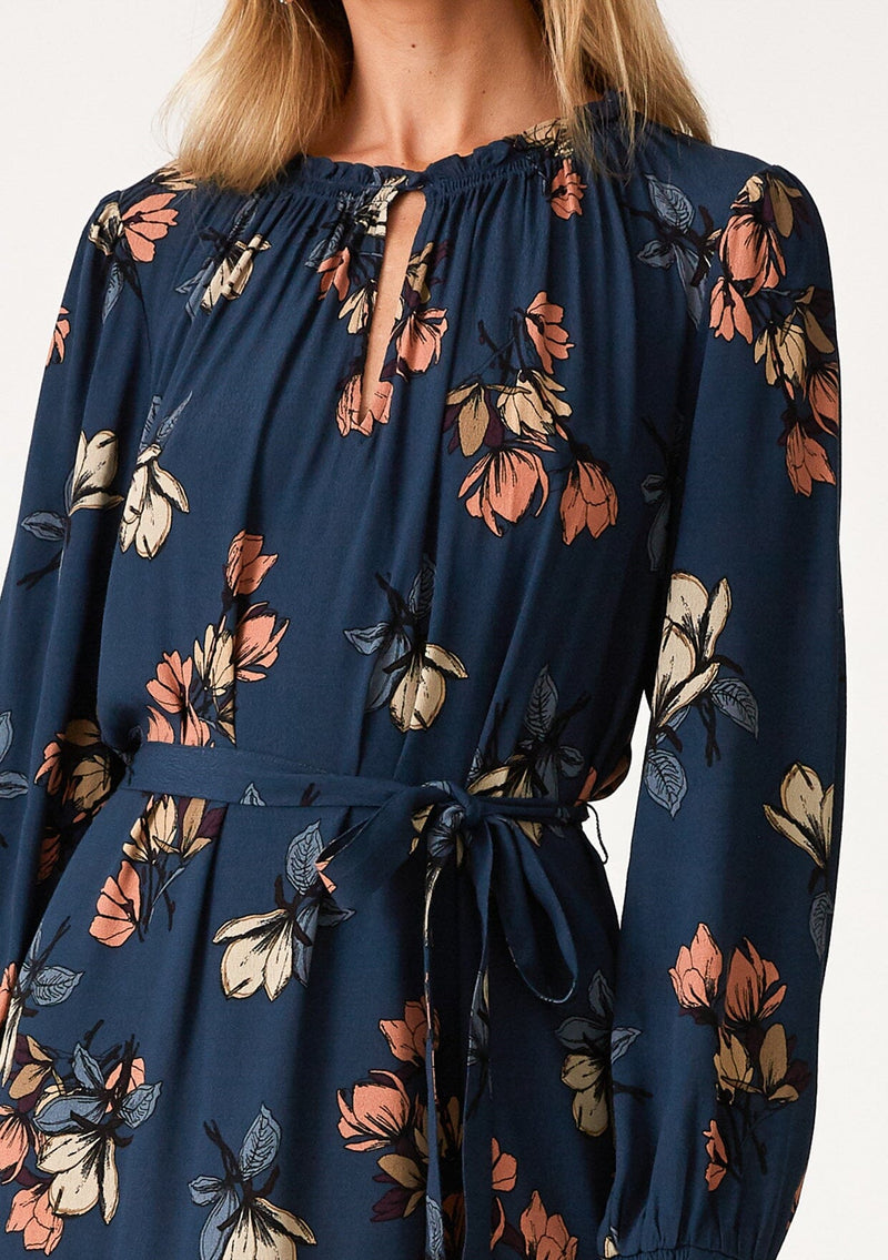 Women's Fall Teal Blue Floral Print Boho Mini Dress - LOVESTITCH Women's Fall Teal Blue Floral Print Boho Mini Dress - LOVESTITCH