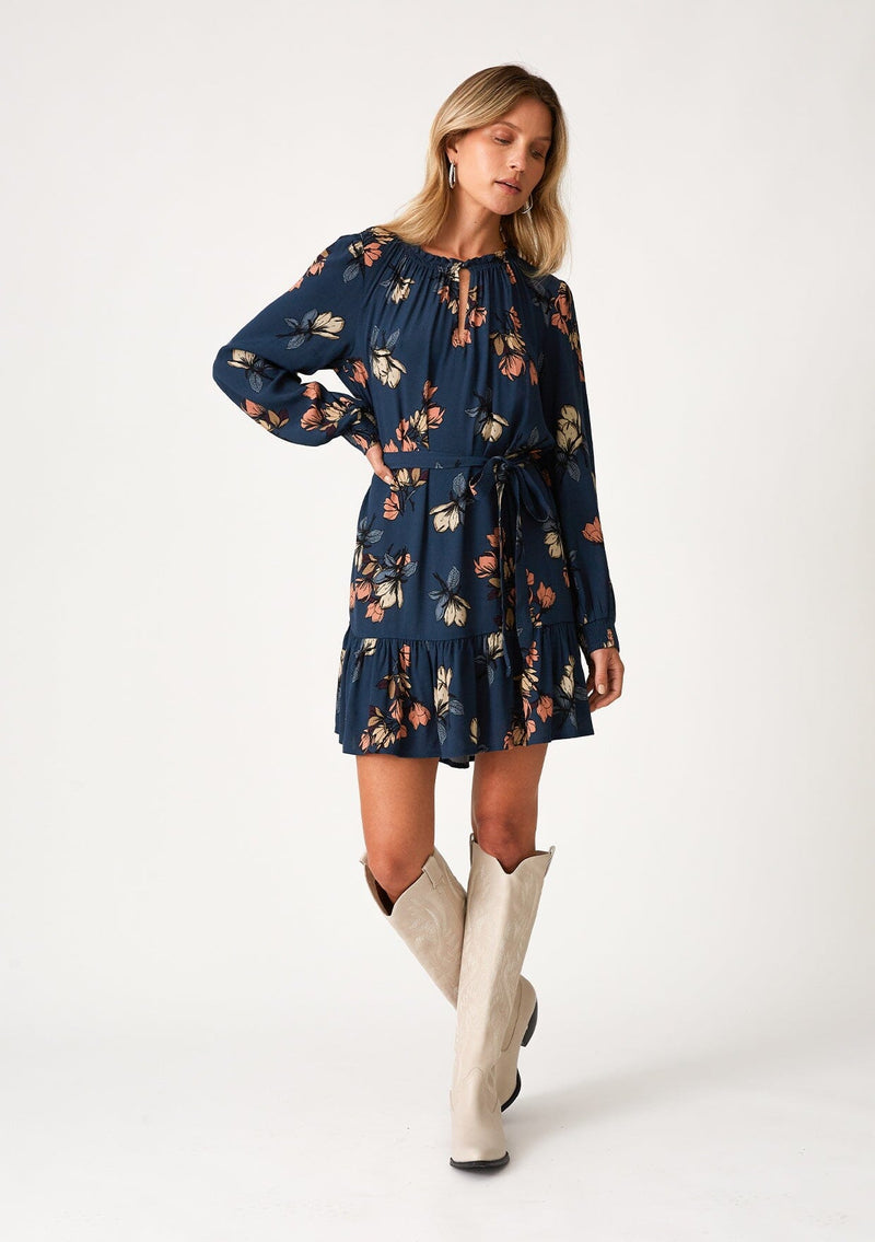 Women's Fall Teal Blue Floral Print Boho Mini Dress - LOVESTITCH Women's Fall Teal Blue Floral Print Boho Mini Dress - LOVESTITCH