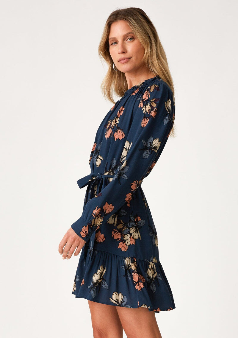 Women's Fall Teal Blue Floral Print Boho Mini Dress - LOVESTITCH Women's Fall Teal Blue Floral Print Boho Mini Dress - LOVESTITCH