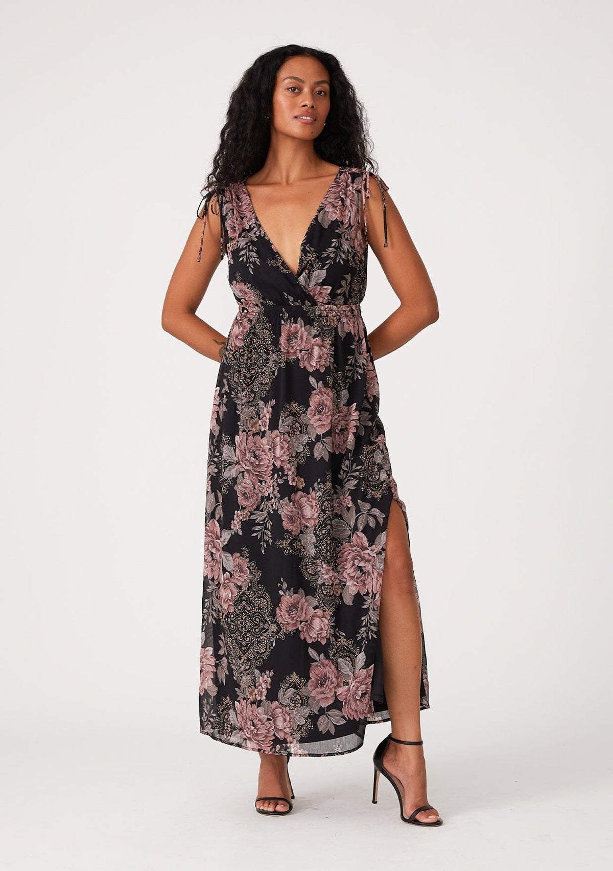 Women's Bohemian Holiday Black & Pink Floral Midi Dress | LOVESTITCH Women's Bohemian Holiday Black & Pink Floral Midi Dress | LOVESTITCH