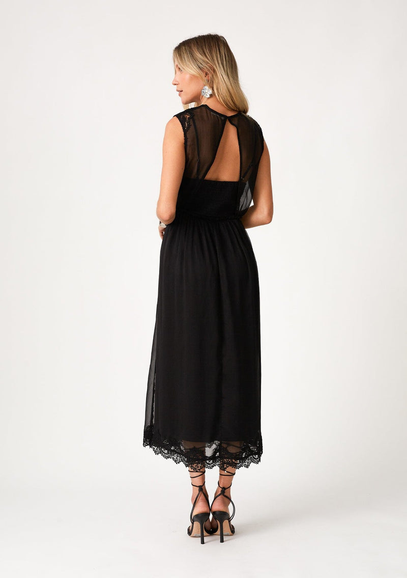 ASOS DESIGN lace trim midi dress with open back detail in black floral print