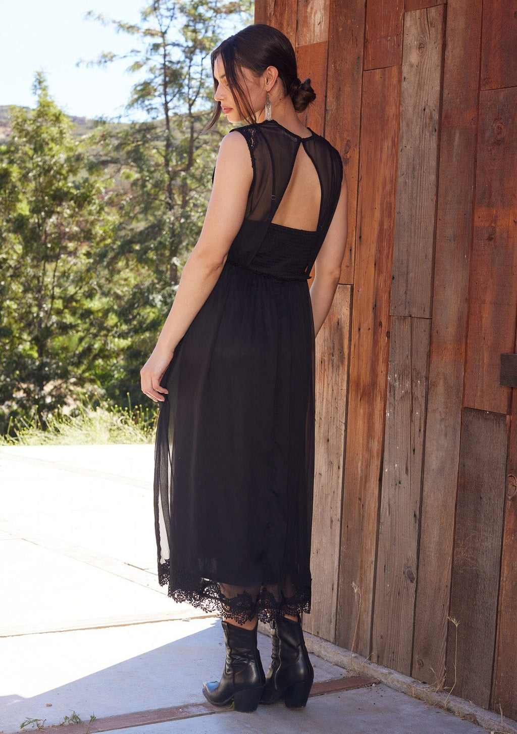 Women's Bohemian Holiday Black Midi Dress + Lace Trim