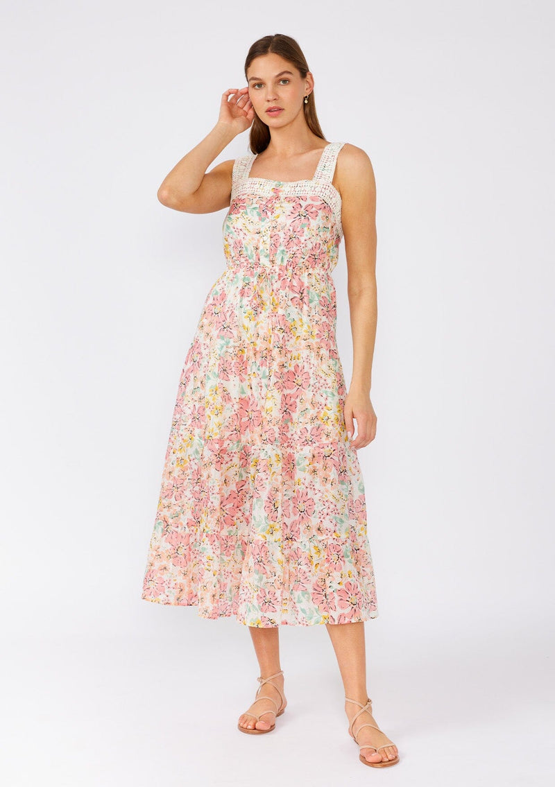 Women's Bohemian Pink Floral Midi Dress + Eyelet Lace | LOVESTITCH Women's Bohemian Pink Floral Midi Dress + Eyelet Lace | LOVESTITCH