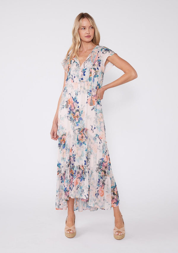 [Color: Peach/Teal] Ultra flowy white short sleeve maxi dress with blue and pink floral print, button top detail and tiered skirt.