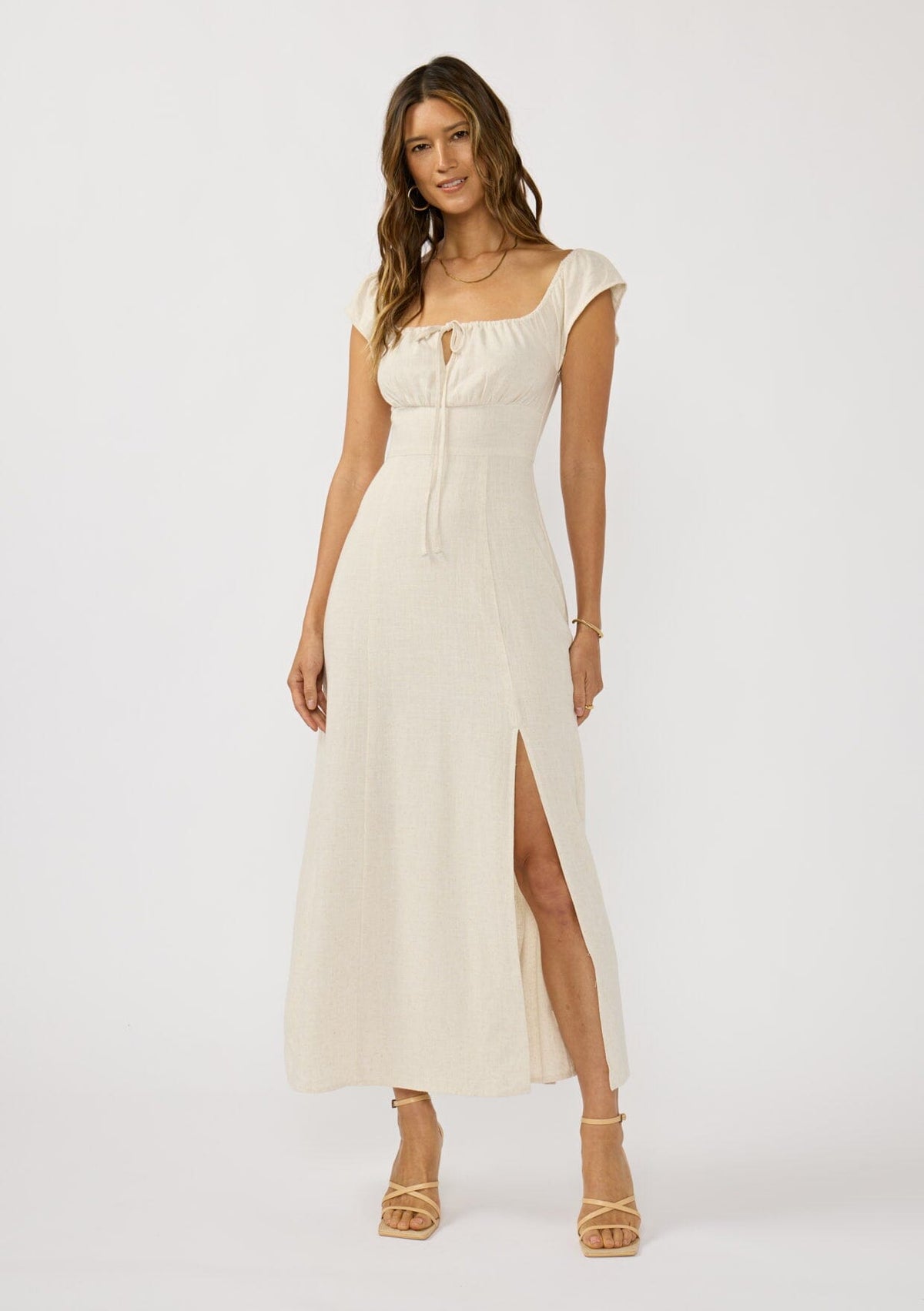 fitted lace wedding dress Women's Linen Blend Boho Maxi Dress with Slit