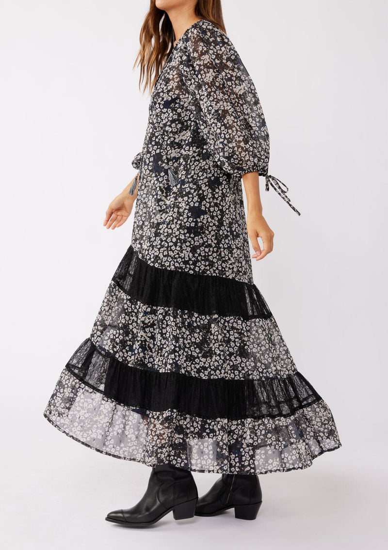dark grey floral dress 24/7 Dark Grey Floral Tiered Midi Dress