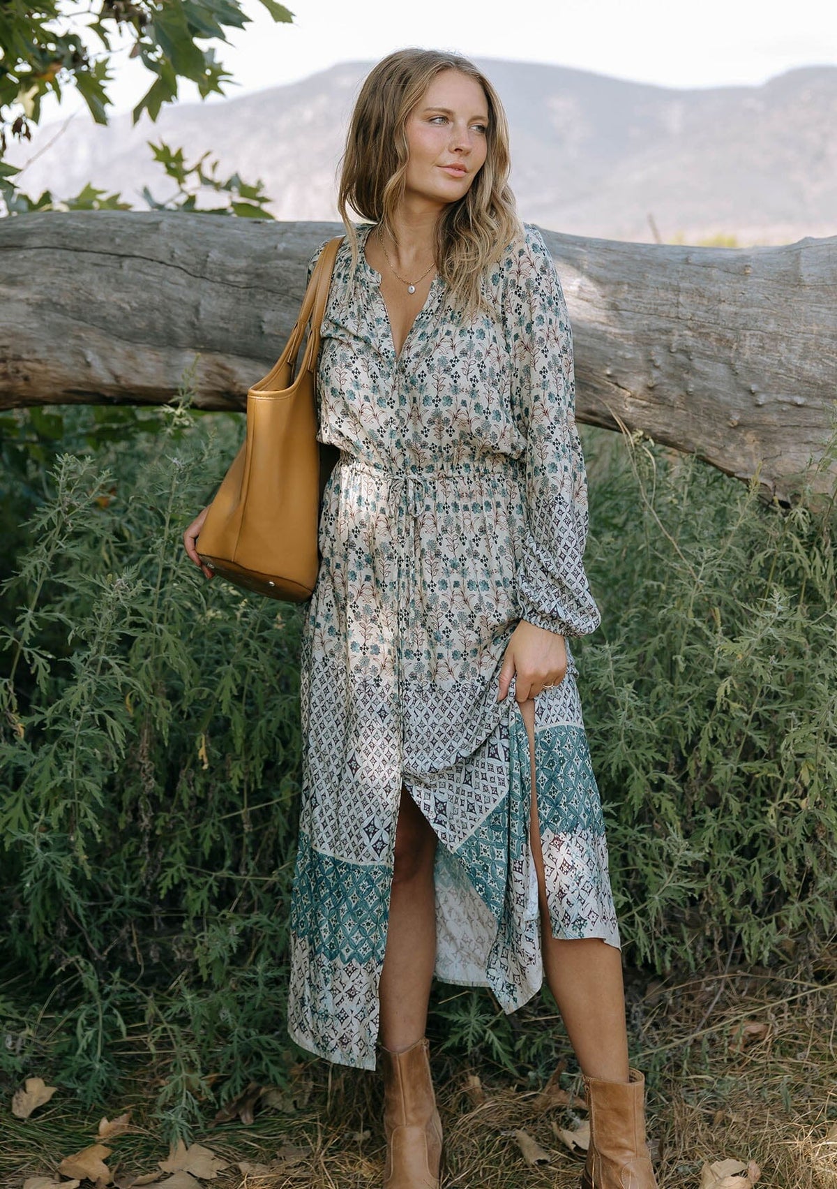 Garden Gate Midi Dress Taupe/Dusty Teal / L