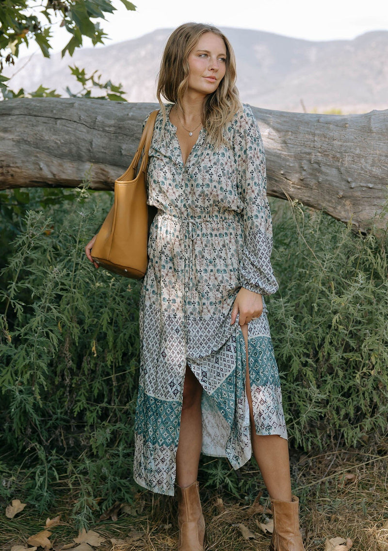 Garden Gate Midi Dress Taupe/Dusty Teal / L Garden Gate Midi Dress Taupe/Dusty Teal / L