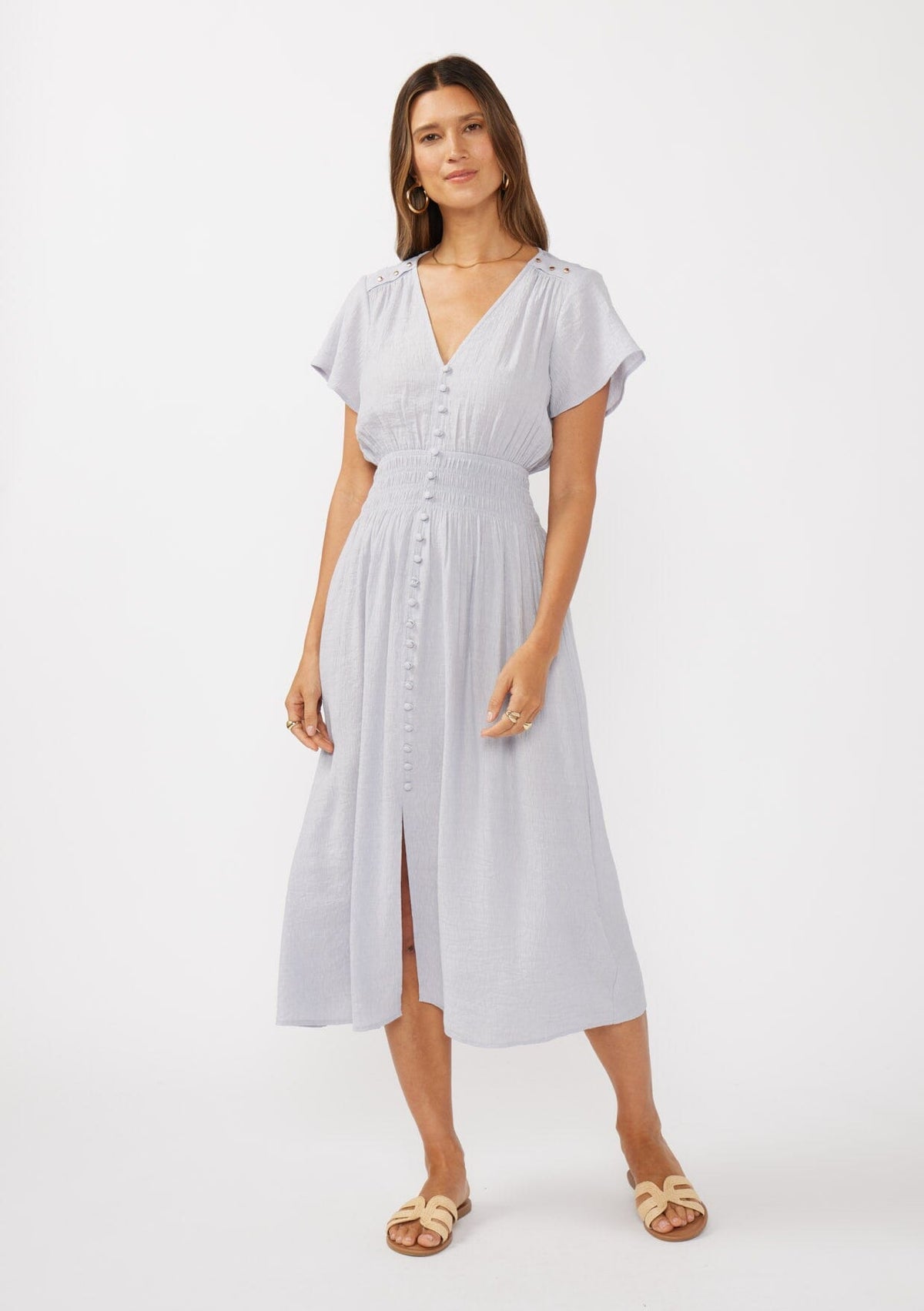 Eden Smocked Midi Dress Dove / S Eden Smocked Midi Dress Dove / S