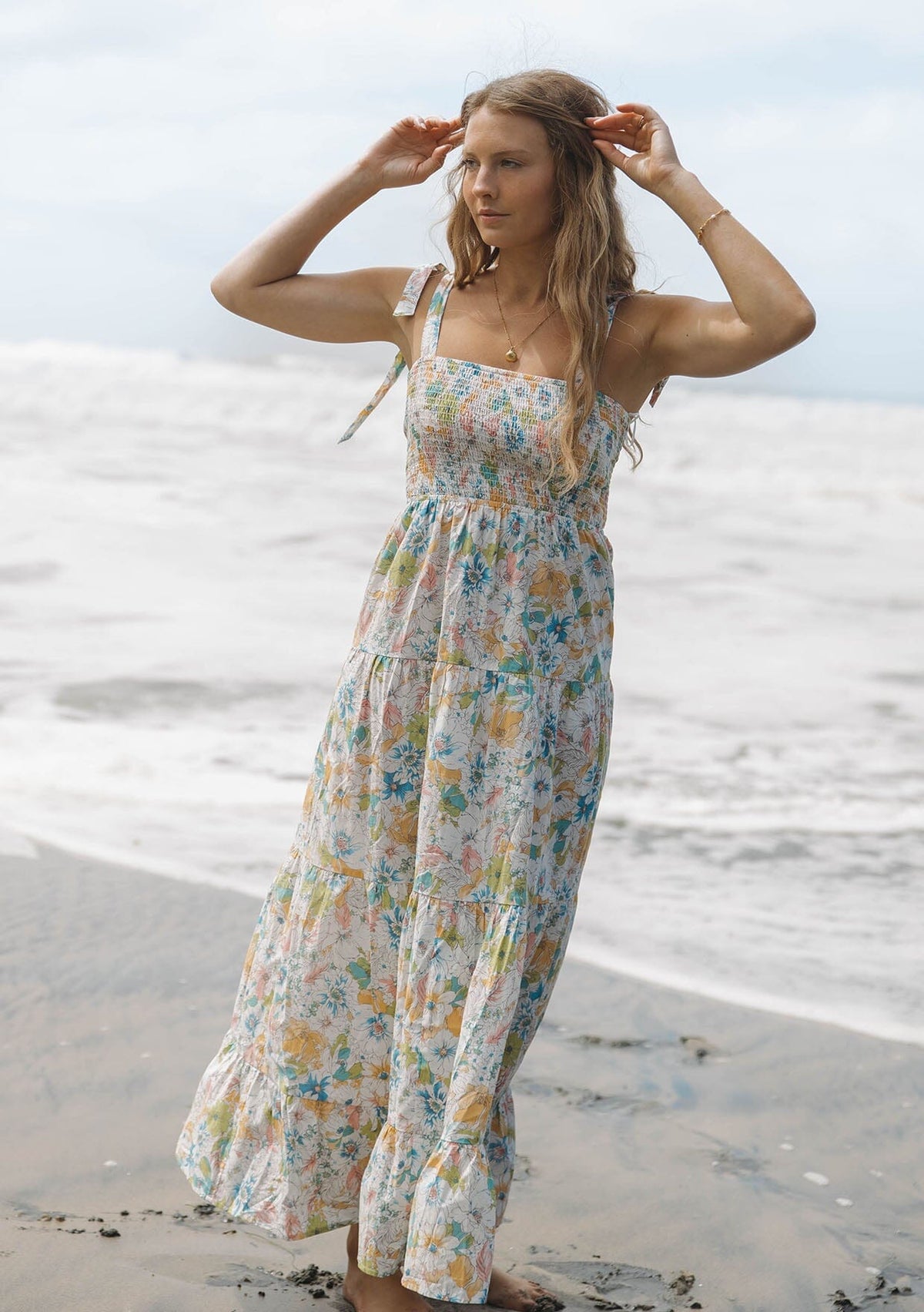 Morning Meadow Smocked Maxi Dress Natural/Dusty Coral / XS Morning Meadow Smocked Maxi Dress Natural/Dusty Coral / XS