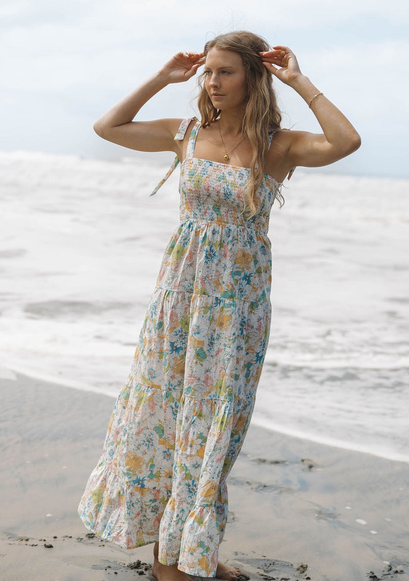 Morning Meadow Smocked Maxi Dress Natural/Dusty Coral / L Morning Meadow Smocked Maxi Dress Natural/Dusty Coral / L