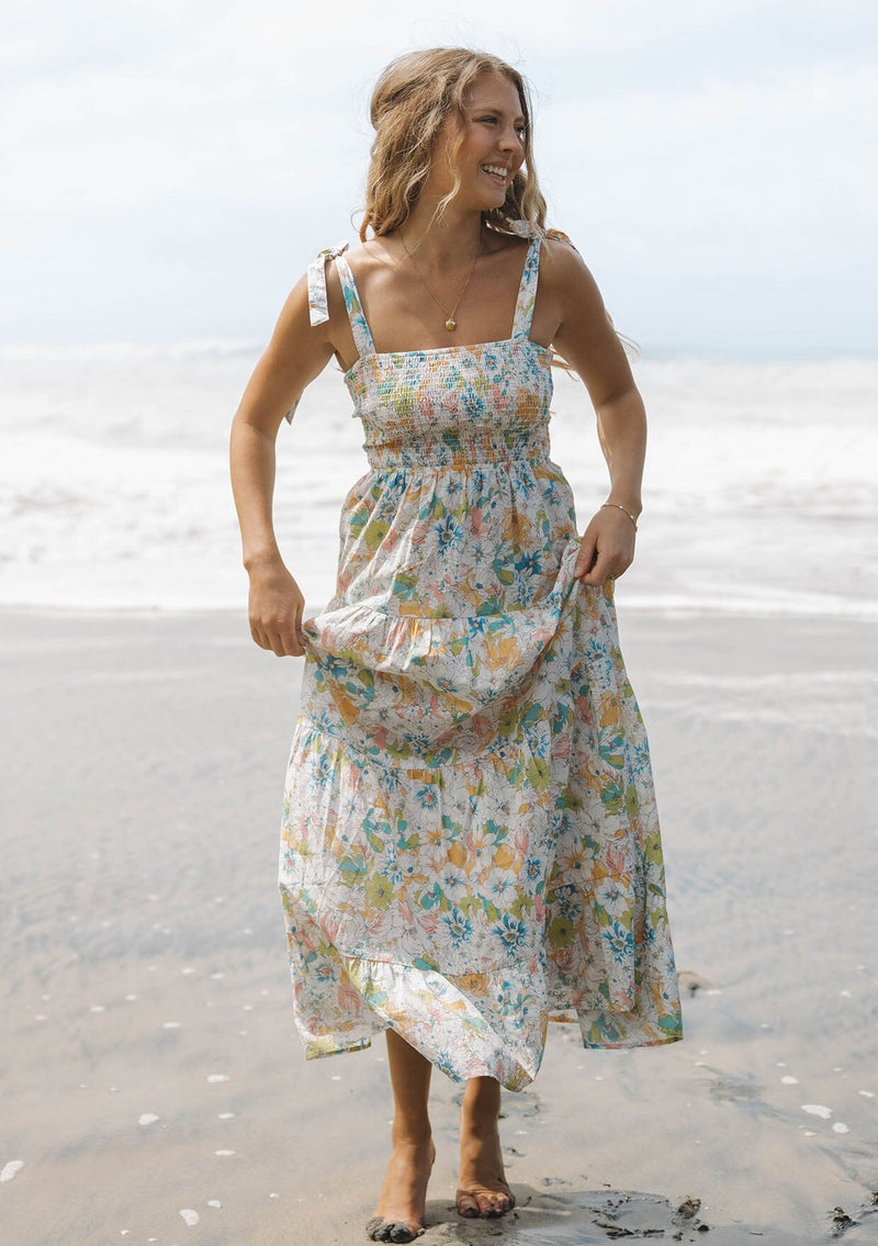 Morning Meadow Smocked Maxi Dress Natural/Dusty Coral / XS Morning Meadow Smocked Maxi Dress Natural/Dusty Coral / XS