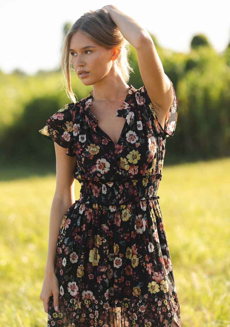 Women's Black Floral Smocked Maxi Dress with Slit | LOVESTITCH Women's Black Floral Smocked Maxi Dress with Slit | LOVESTITCH