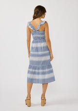[Color: Navy/White] A back facing image of a brunette model wearing a blue and white checkered midi dress with stripes. Featuring chic ruffled elastic straps, a smocked bust, side pockets, and a tiered skirt. 