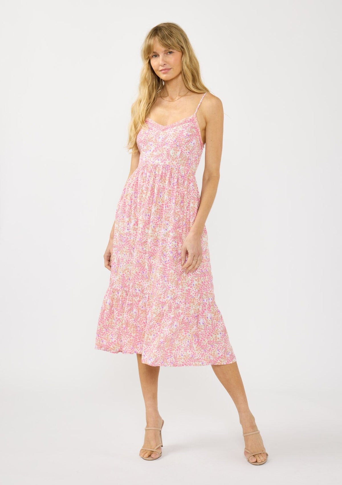 strapless open back dress TIERED FLORAL MIDI DRESS