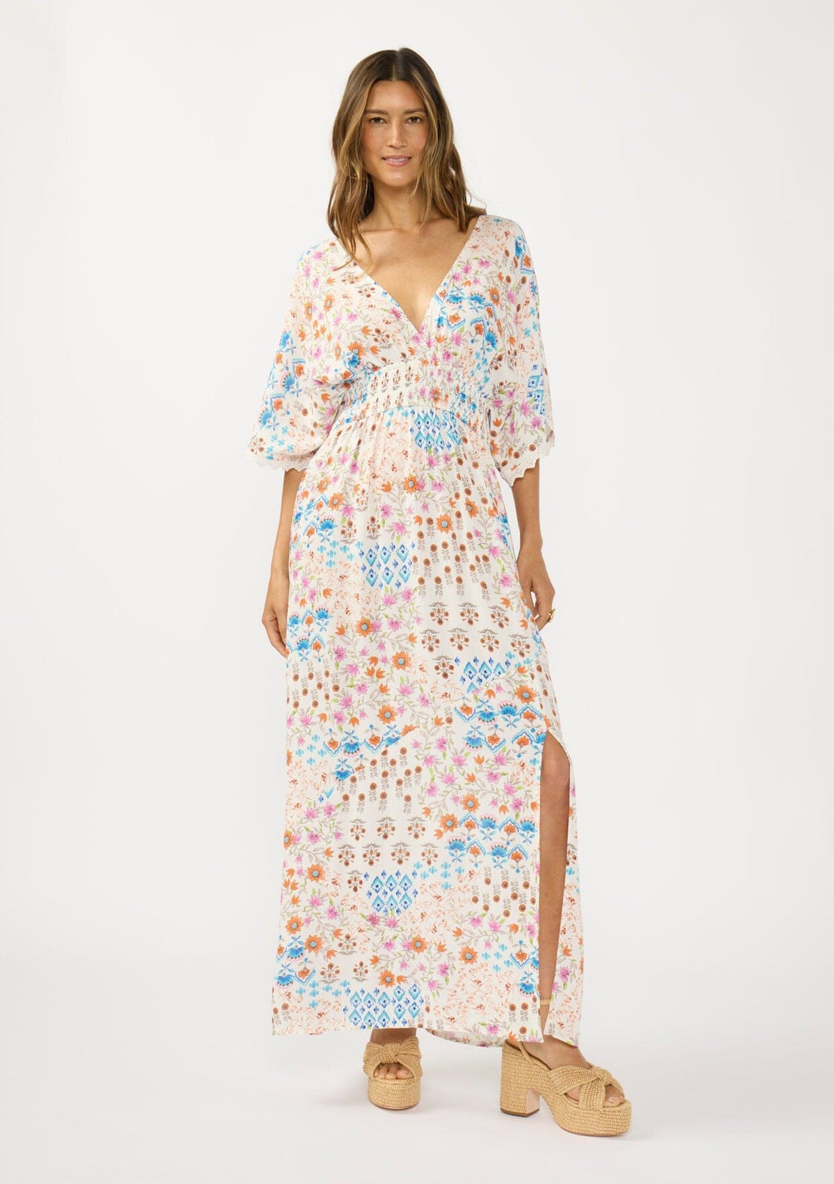 Calista Kimono Sleeve Maxi Dress Ivory/Orange / M/L