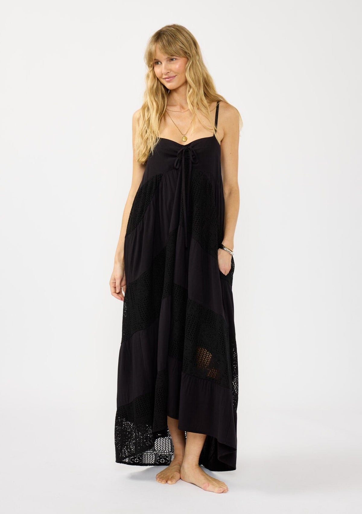 knee length dresses for ladies Polka Dot Satin Lace Maxi Dress – Elegant Flowy Dress with Romantic Lace  Detail – GLAM MODA main image 1