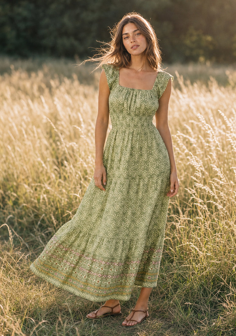 [Color: Olive/Rose] A front facing image of a brunette model in the fields wearing a green bohemian floral maxi dress with cap sleeves, a square neckline, elastic waist, and a tiered skirt with ruffle trims.