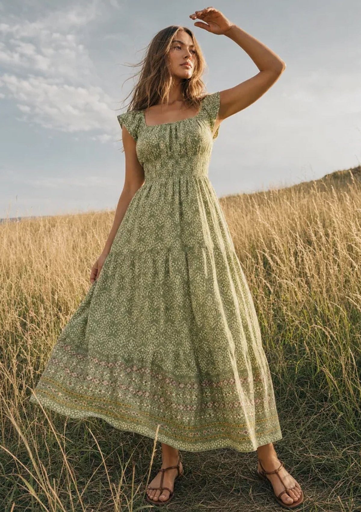 Women's Green Floral Bohemian Maxi Dress