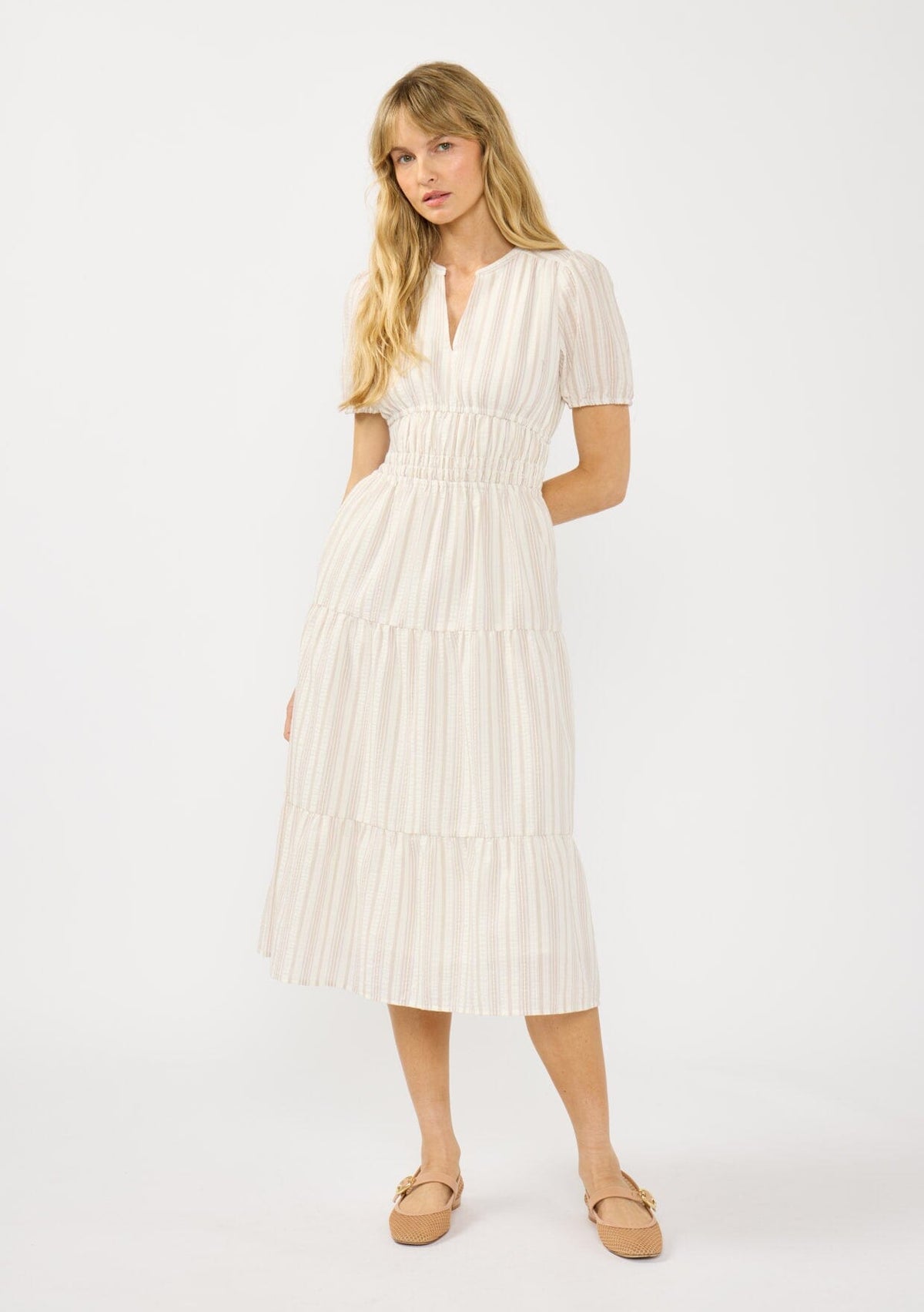 Women's Dress - Cotton Striped Puff Sleeve Midi Dress