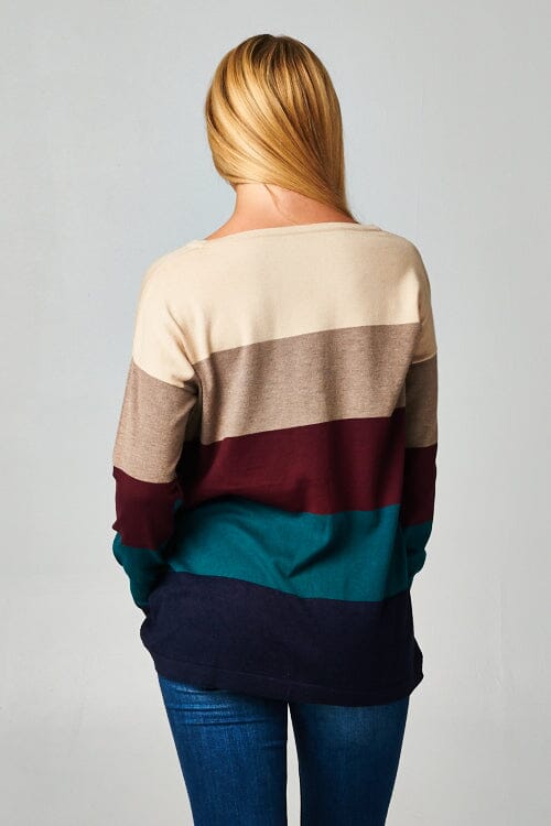 [Color: Heather Eclipse] A bold color block striped knit sweater, featuring a contrast front pocket, a wide crew neckline, and an easy, relaxed fit. Perfectly soft and cozy, this lightweight pullover looks great styled with denim or as shown here with woolly joggers. 