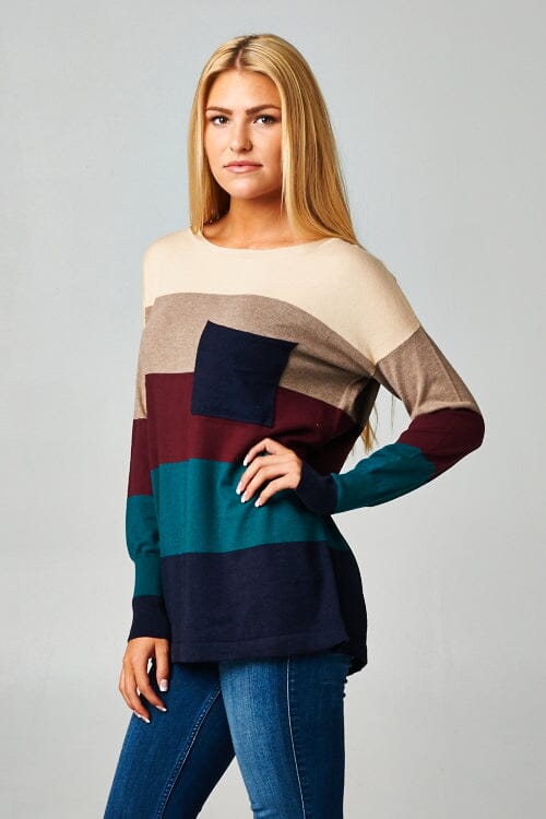 [Color: Heather Eclipse] A bold color block striped knit sweater, featuring a contrast front pocket, a wide crew neckline, and an easy, relaxed fit. Perfectly soft and cozy, this lightweight pullover looks great styled with denim or as shown here with woolly joggers. 