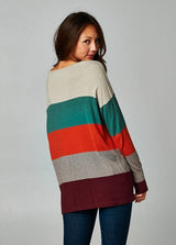 [Color: Port Raspberry] A bold color block striped knit sweater, featuring a contrast front pocket, a wide crew neckline, and an easy, relaxed fit. Perfectly soft and cozy, this lightweight pullover looks great styled with denim.