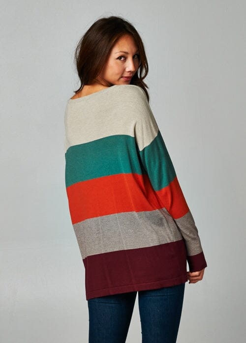 [Color: Port Raspberry] A bold color block striped knit sweater, featuring a contrast front pocket, a wide crew neckline, and an easy, relaxed fit. Perfectly soft and cozy, this lightweight pullover looks great styled with denim.