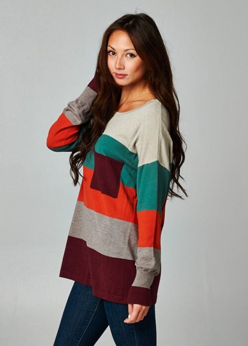 [Color: Port Raspberry] A bold color block striped knit sweater, featuring a contrast front pocket, a wide crew neckline, and an easy, relaxed fit. Perfectly soft and cozy, this lightweight pullover looks great styled with denim.