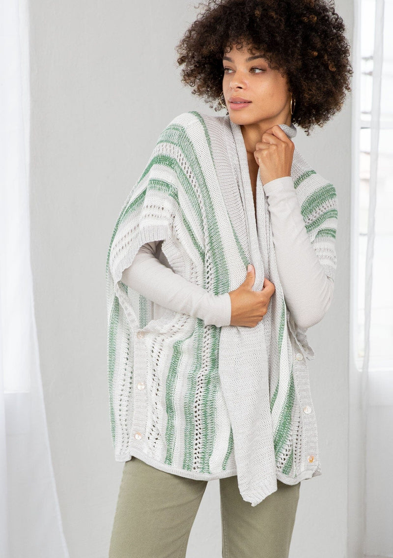 [Color: Silver/Green] A front facing image of a brunette model wearing a lightweight striped cardigan with open knit details, short dolman sleeves, and side button closure. An effortless layer for warm weather days. 