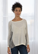 [Color: Grey/Ivory] A front facing image of brunette model wearing a boho striped pullover with a crochet accent.