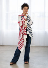 [Color: Ivory/Red/Blue] A brunette model wearing a red white and blue striped cardigan with a waterfall open front and long sleeves. A cozy light layer for casual outfits. 